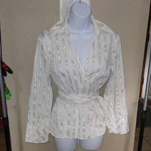 NWOT LOFT White And Black Striped Wrap Button-Down Blouse
